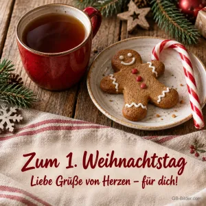Lebkuchenmann und Zuckerstange neben einer Teetasse, Text: Zum 1. Weihnachtstag – Liebe Grüße von Herzen