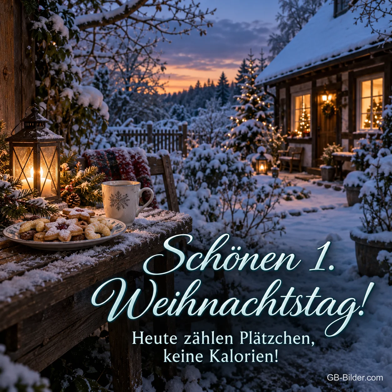 Plätzchen und Laterne auf verschneiter Terrasse am Abend, Text: Schönen 1. Weihnachtstag! Heute zählen Plätzchen, keine Kalorien!