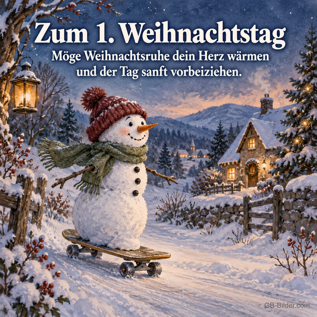Schneemann auf einem Skateboard im verschneiten Dorf, Text: Zum 1. Weihnachtstag