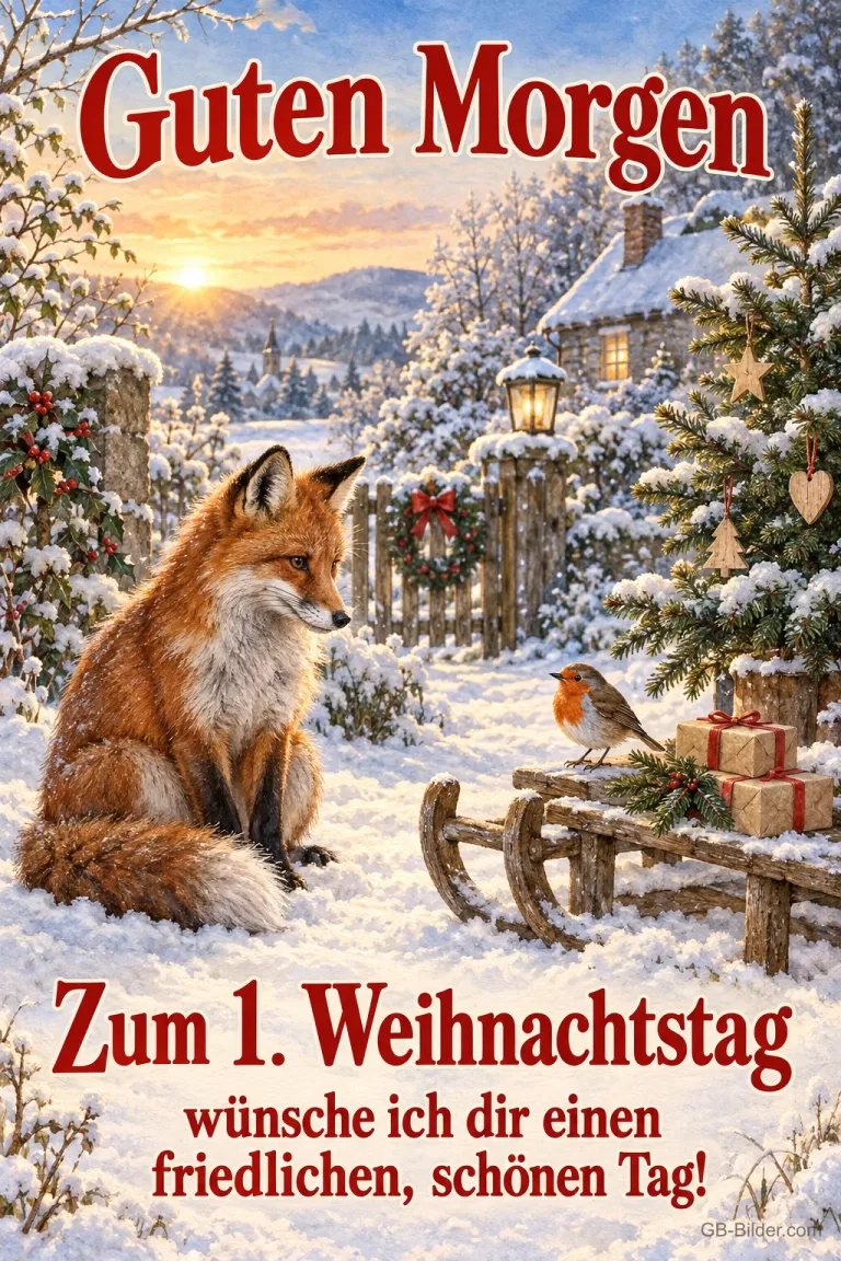 Fuchs neben Schlitten mit Geschenken im Schnee, Text: Guten Morgen – Zum 1. Weihnachtstag