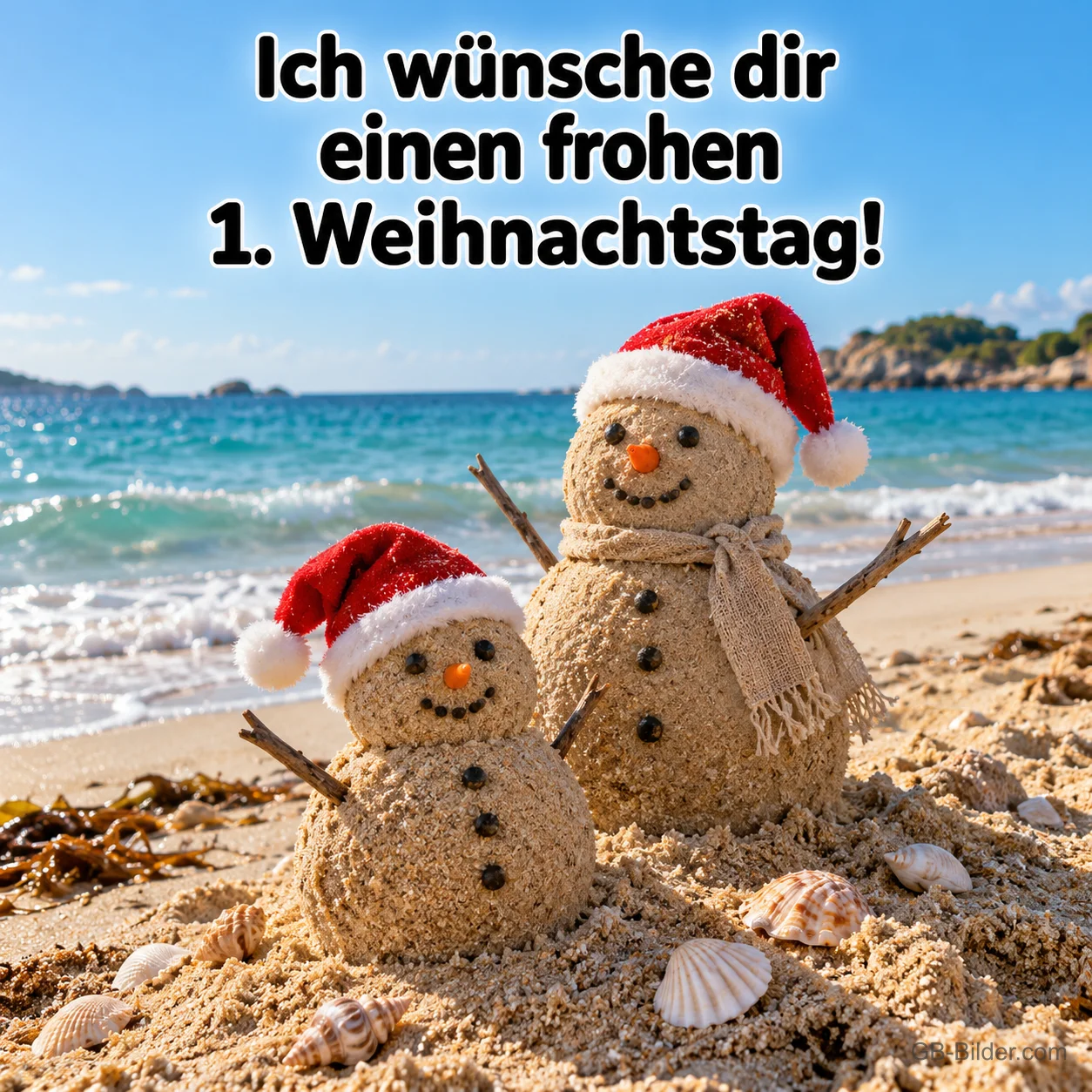 Zwei Sandmänner mit Weihnachtsmützen am Strand, Text: Ich wünsche dir einen frohen 1. Weihnachtstag!