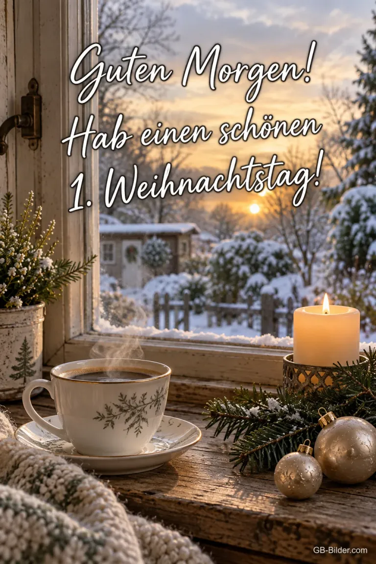 Kaffeetasse und Kerze am Winterfenster, Text: Guten Morgen! Hab einen schönen 1. Weihnachtstag!