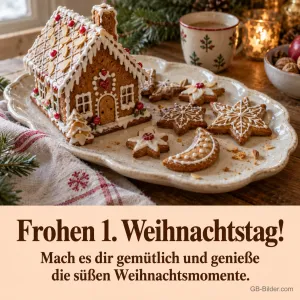 Lebkuchenhaus und Plätzchen auf einem Teller, Text: Frohen 1. Weihnachtstag!