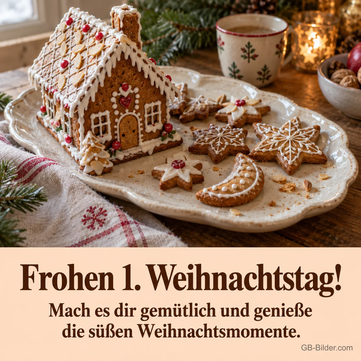 Lebkuchenhaus und Plätzchen auf einem Teller, Text: Frohen 1. Weihnachtstag!