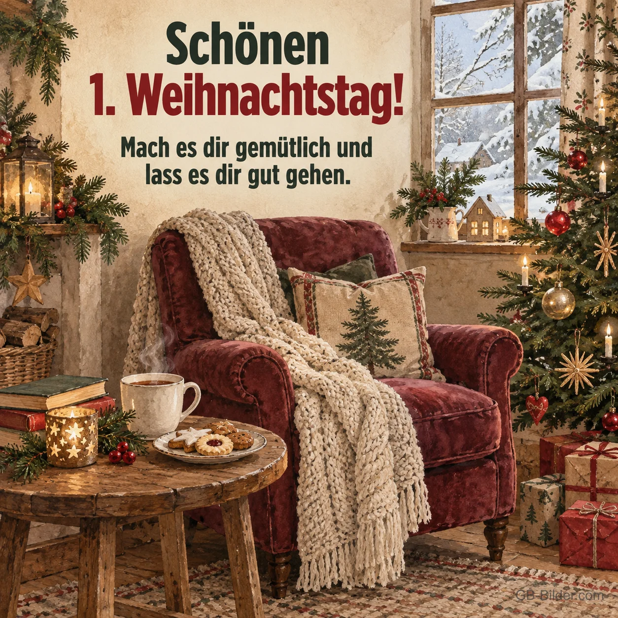 Roter Sessel mit Decke neben dem Weihnachtsbaum, Text: Schönen 1. Weihnachtstag!