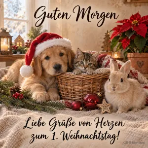 Welpe mit Weihnachtsmütze, Kätzchen und Kaninchen, Text: Guten Morgen – Liebe Grüße zum 1. Weihnachtstag!