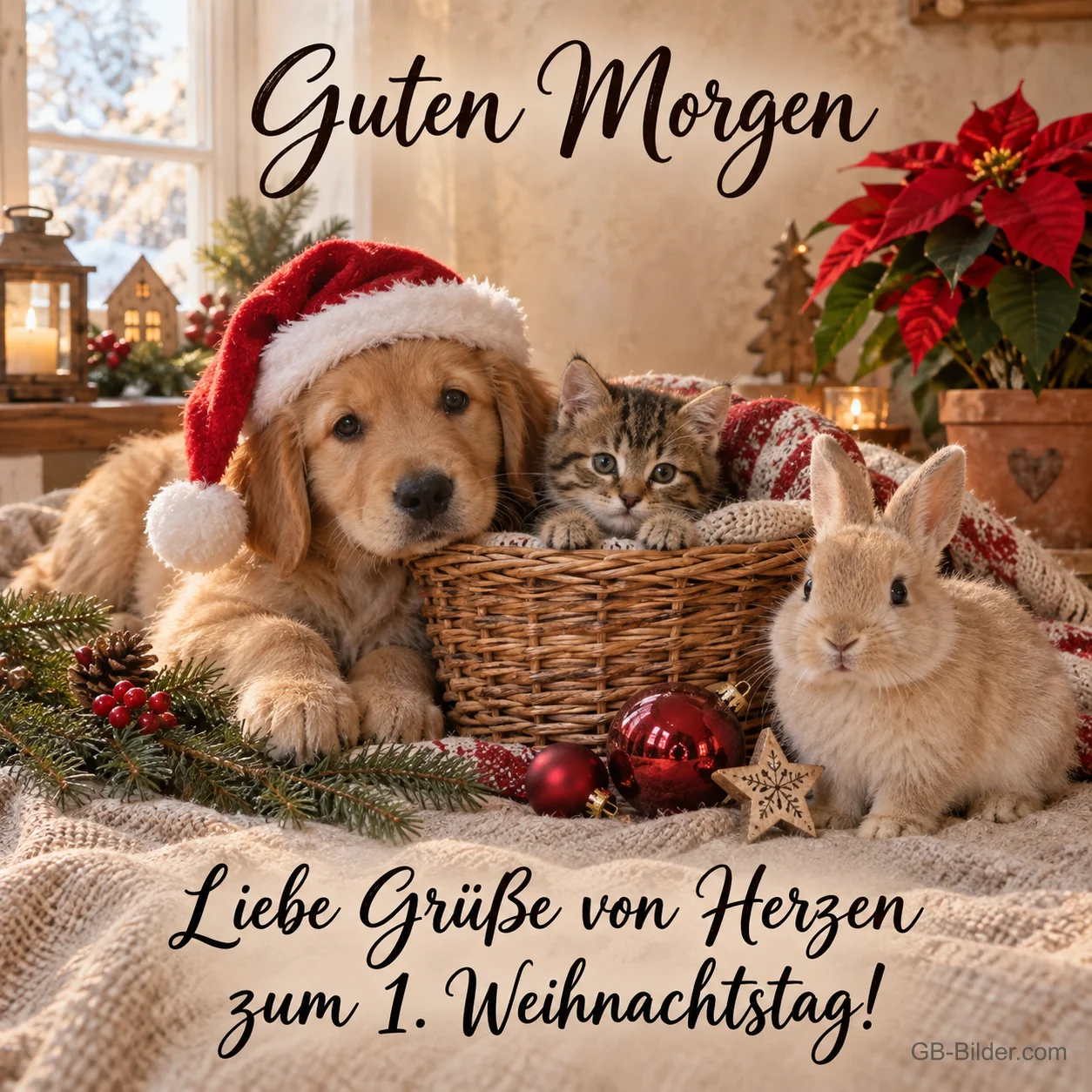 Welpe mit Weihnachtsmütze, Kätzchen und Kaninchen, Text: Guten Morgen – Liebe Grüße zum 1. Weihnachtstag!