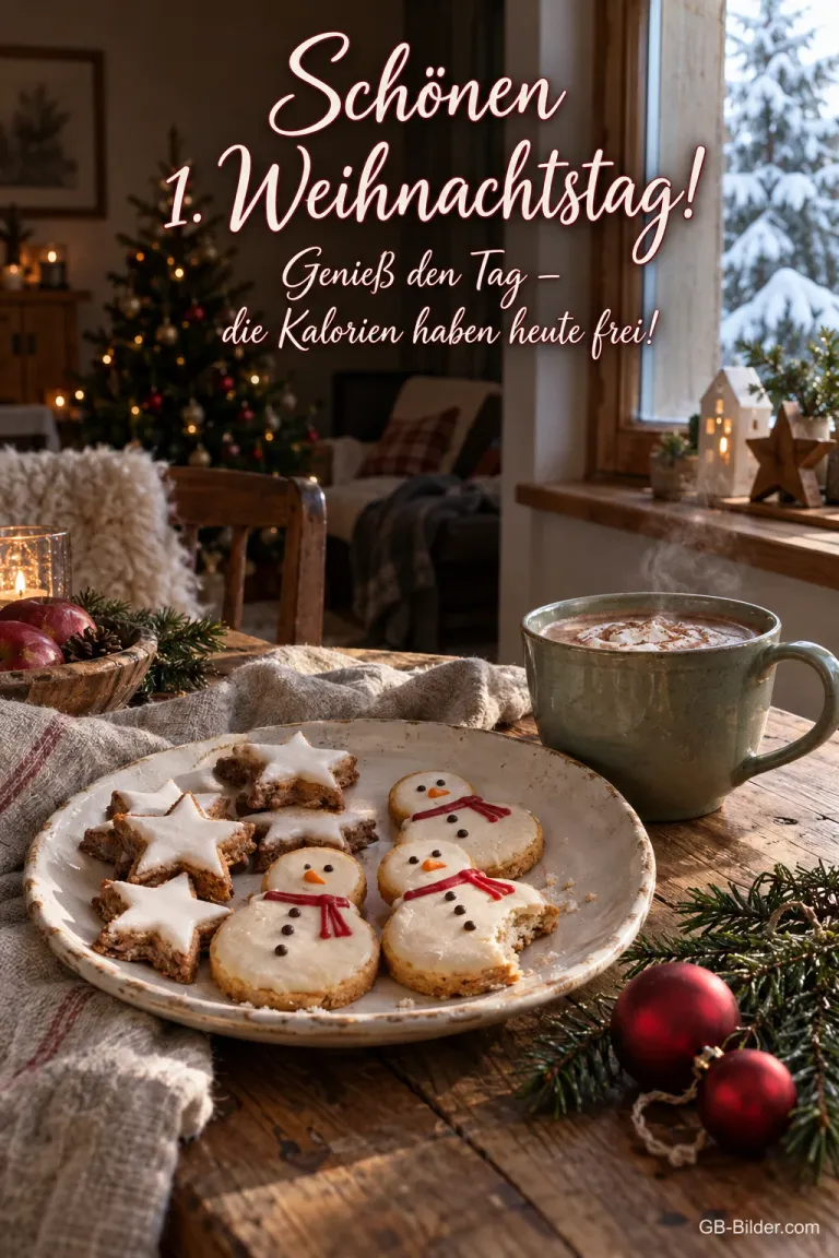 Plätzchen und Kakao auf dem Tisch, Text: Schönen 1. Weihnachtstag! Die Kalorien haben heute frei!
