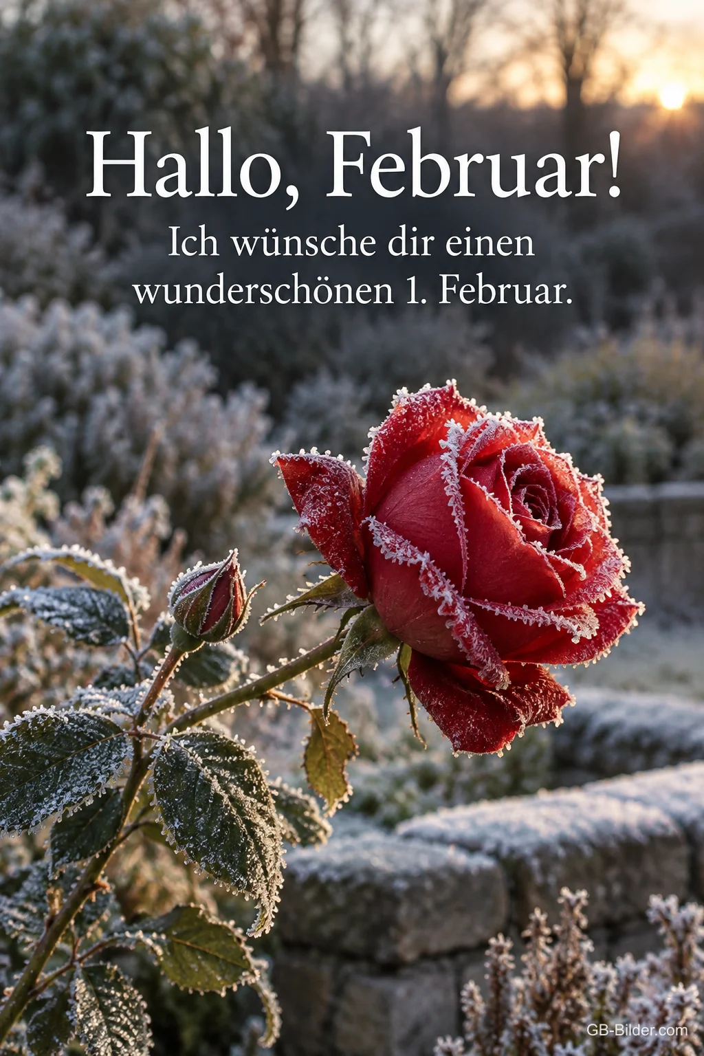 Bereifte rote Rose im Wintergarten, Text: Hallo, Februar! Einen wunderschönen 1. Februar. Bereifte rote Rose im Wintergarten, Text: Hallo, Februar! Einen wunderschönen 1. Februar.