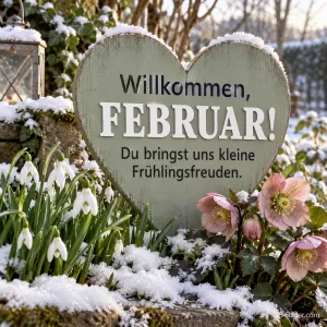 Holzherz zwischen Schneeglöckchen im Schnee, Text: Willkommen, Februar! Du bringst uns kleine Frühlingsfreuden.