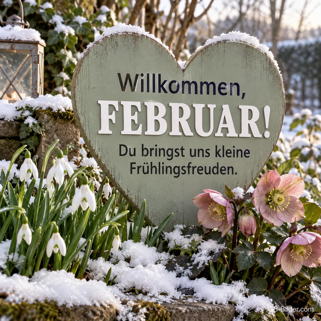 Holzherz zwischen Schneeglöckchen im Schnee, Text: Willkommen, Februar! Du bringst uns kleine Frühlingsfreuden. Holzherz zwischen Schneeglöckchen im Schnee, Text: Willkommen, Februar! Du bringst uns kleine Frühlingsfreuden.