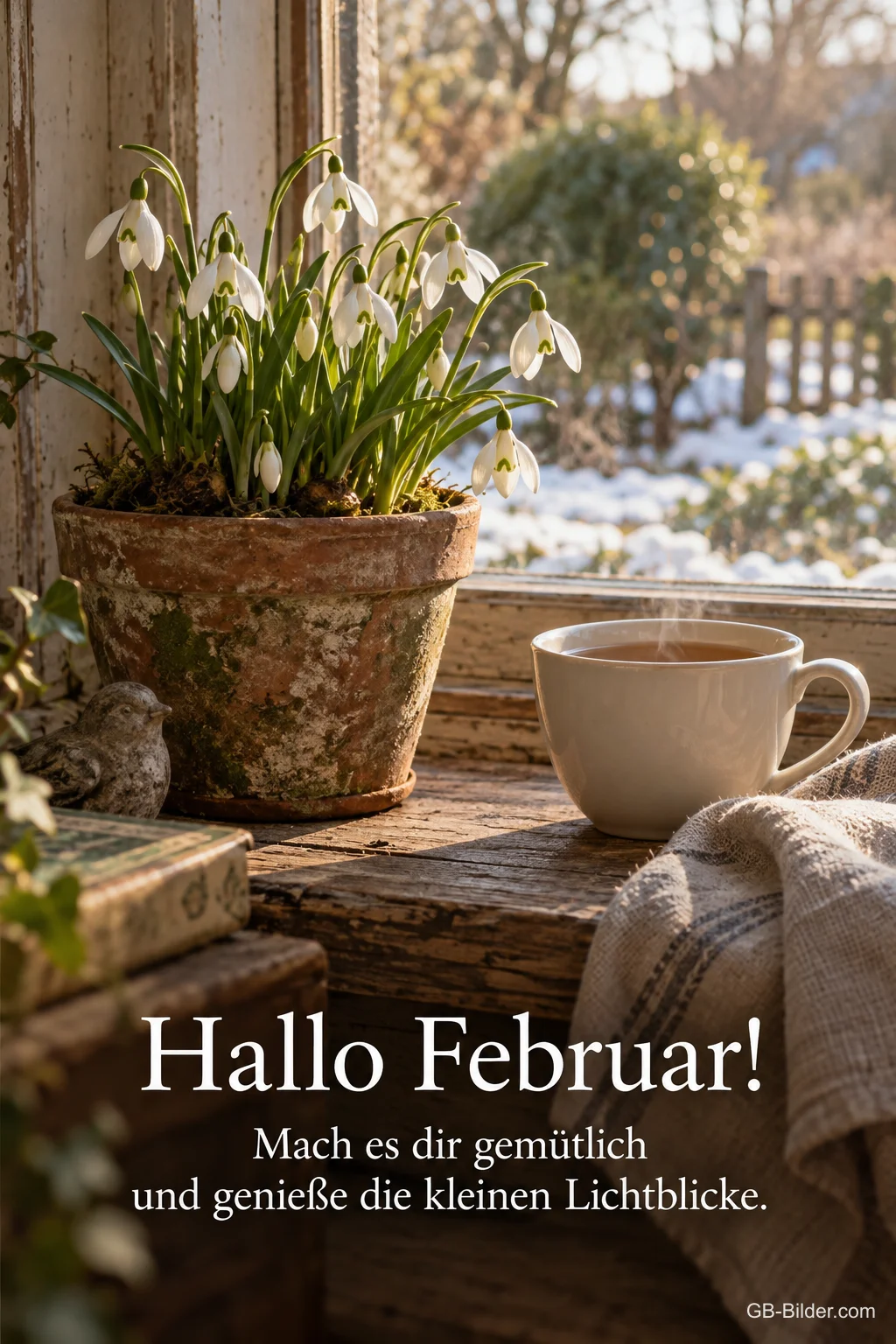 Schneeglöckchen im Topf neben Teetasse, Text: Hallo Februar! Mach es dir gemütlich. Schneeglöckchen im Topf neben Teetasse, Text: Hallo Februar! Mach es dir gemütlich.