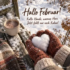 Strickhandschuhe mit Schneeherz und Kakao, Text: Hallo Februar! Kalte Hände, warmes Herz.