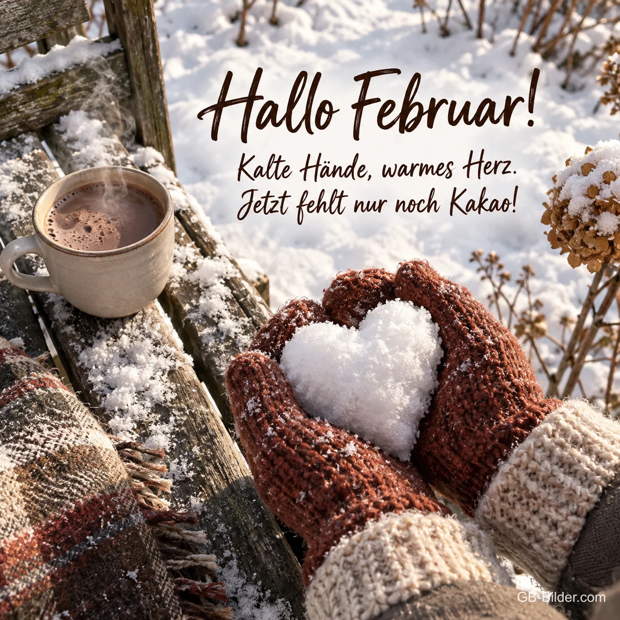 Strickhandschuhe mit Schneeherz und Kakao, Text: Hallo Februar! Kalte Hände, warmes Herz. Strickhandschuhe mit Schneeherz und Kakao, Text: Hallo Februar! Kalte Hände, warmes Herz.