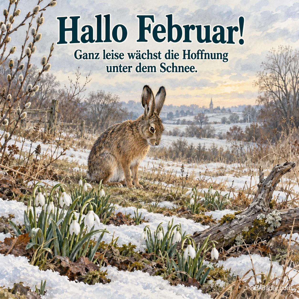 Feldhase zwischen Schneeglöckchen, Text: Hallo Februar! Ganz leise wächst die Hoffnung unter dem Schnee. Feldhase zwischen Schneeglöckchen, Text: Hallo Februar! Ganz leise wächst die Hoffnung unter dem Schnee.