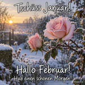 Bereifte rosa Rosen im Sonnenaufgang, Text: Tschüss Januar! Hallo Februar!