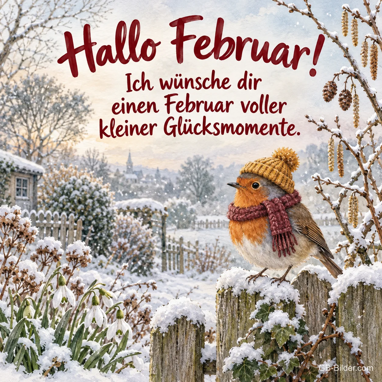 Rotkehlchen mit Mütze und Schal auf einem Zaun, Text: Hallo Februar! Rotkehlchen mit Mütze und Schal auf einem Zaun, Text: Hallo Februar!