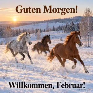 Drei Pferde galoppieren durch den Schnee, Text: Guten Morgen! Willkommen, Februar!