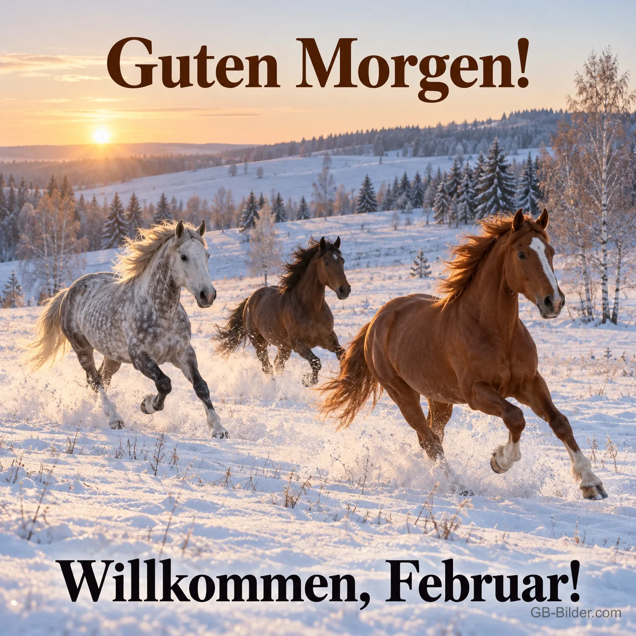 Drei Pferde galoppieren durch den Schnee, Text: Guten Morgen! Willkommen, Februar! Drei Pferde galoppieren durch den Schnee, Text: Guten Morgen! Willkommen, Februar!