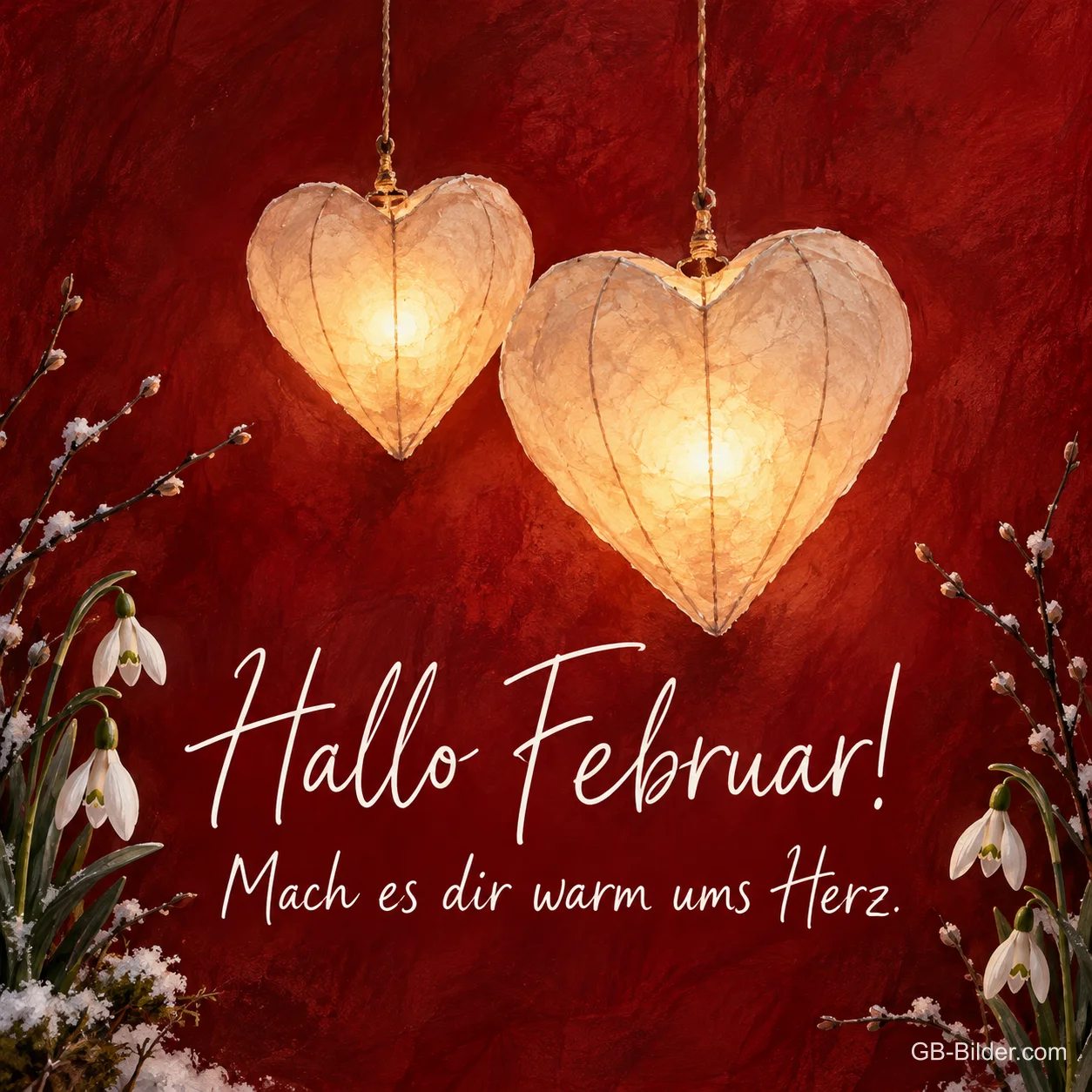 Leuchtende Papierherzen, Text: Hallo Februar! Mach es dir warm ums Herz. Leuchtende Papierherzen, Text: Hallo Februar! Mach es dir warm ums Herz.