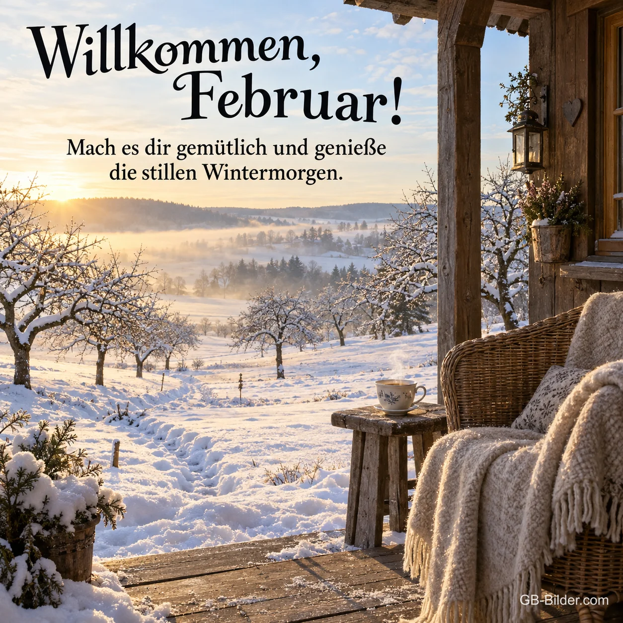 Korbsessel auf einer Veranda im Winter, Text: Willkommen, Februar! Korbsessel auf einer Veranda im Winter, Text: Willkommen, Februar!
