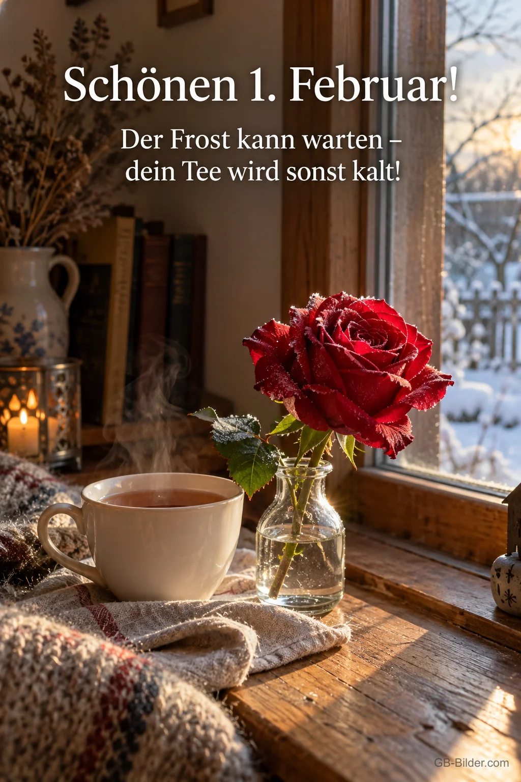 Rote Rose und Teetasse am Fenster, Text: Schönen 1. Februar! Der Frost kann warten – dein Tee wird sonst kalt! Rote Rose und Teetasse am Fenster, Text: Schönen 1. Februar! Der Frost kann warten – dein Tee wird sonst kalt!