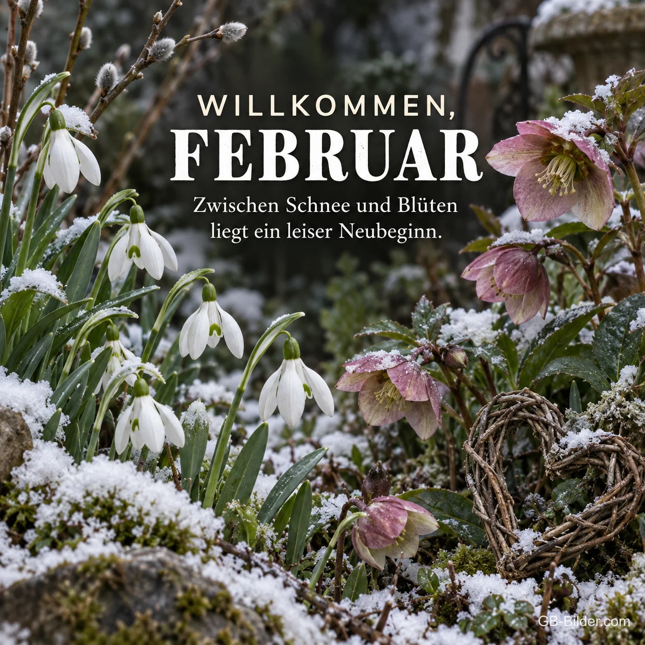 Schneeglöckchen und Christrosen im Schnee, Text: Willkommen, Februar Schneeglöckchen und Christrosen im Schnee, Text: Willkommen, Februar