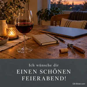 Rotweinglas neben Notizbuch und Laptop, Text: Ich wünsche dir einen schönen Feierabend!