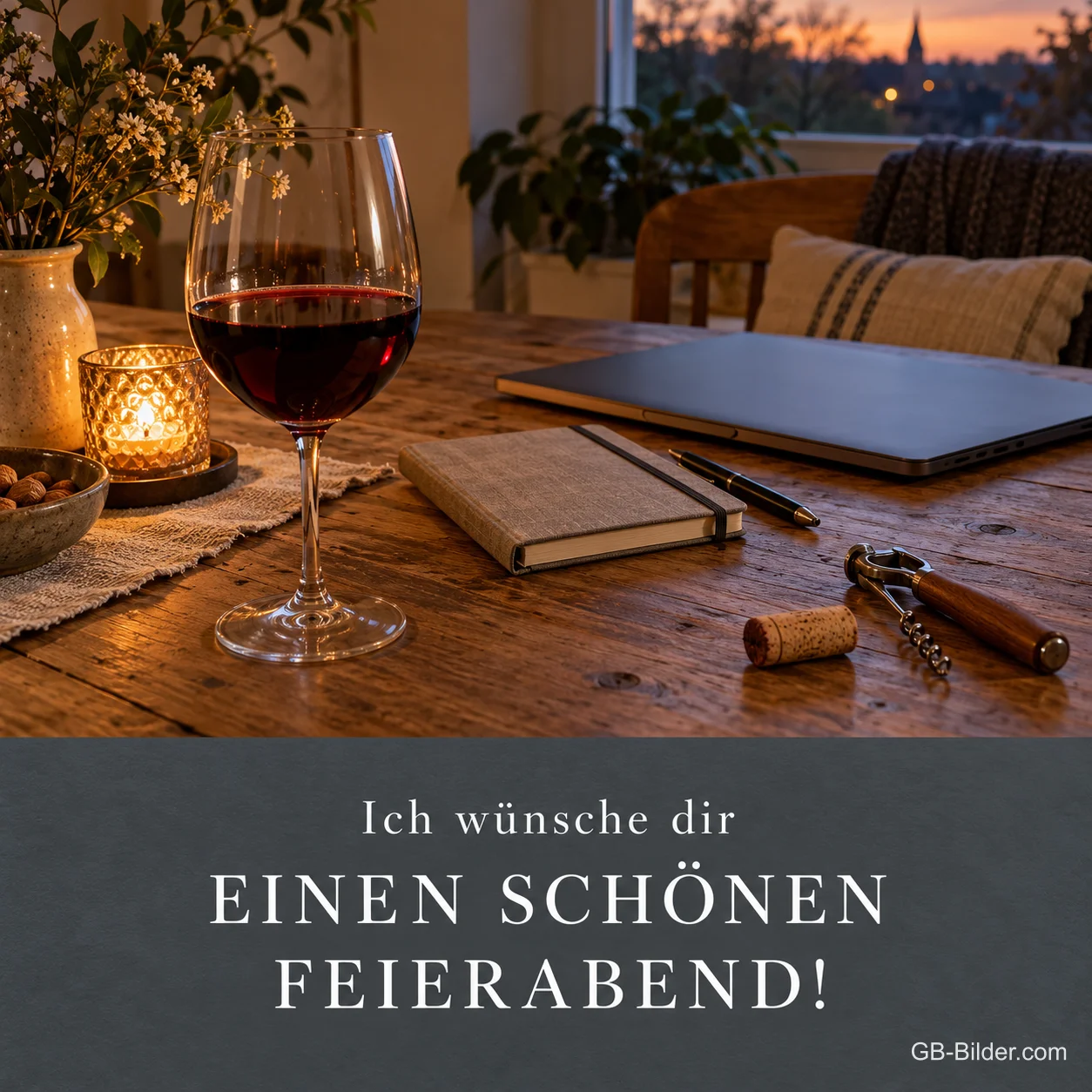 Rotweinglas neben Notizbuch und Laptop, Text: Ich wünsche dir einen schönen Feierabend! Rotweinglas neben Notizbuch und Laptop, Text: Ich wünsche dir einen schönen Feierabend!