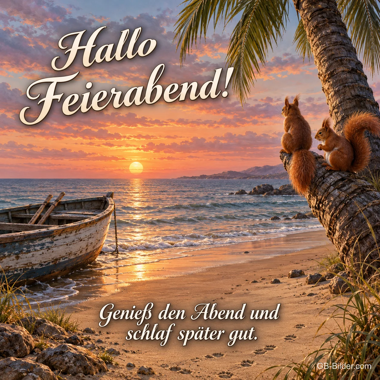 Eichhörnchen an einer Palme am Strand, Text: Hallo Feierabend! Genieß den Abend und schlaf später gut. Eichhörnchen an einer Palme am Strand, Text: Hallo Feierabend! Genieß den Abend und schlaf später gut.