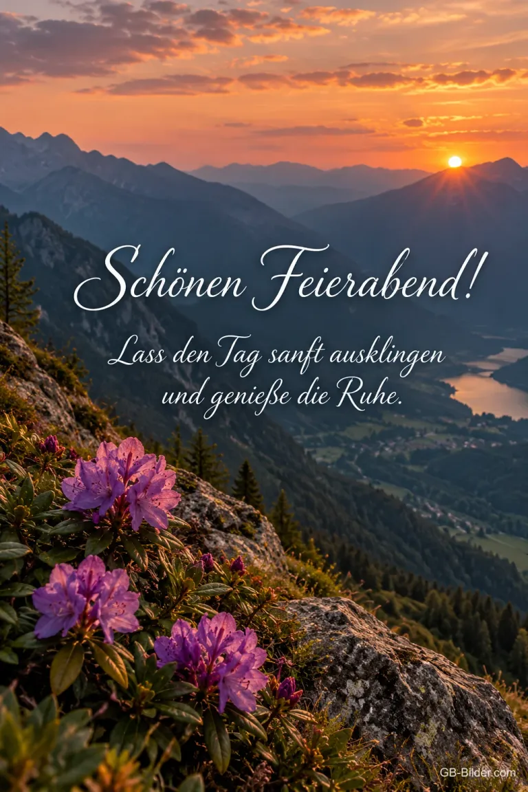 Sonnenuntergang über einem Bergtal mit Alpenrosen, Text: Schönen Feierabend! Lass den Tag sanft ausklingen.