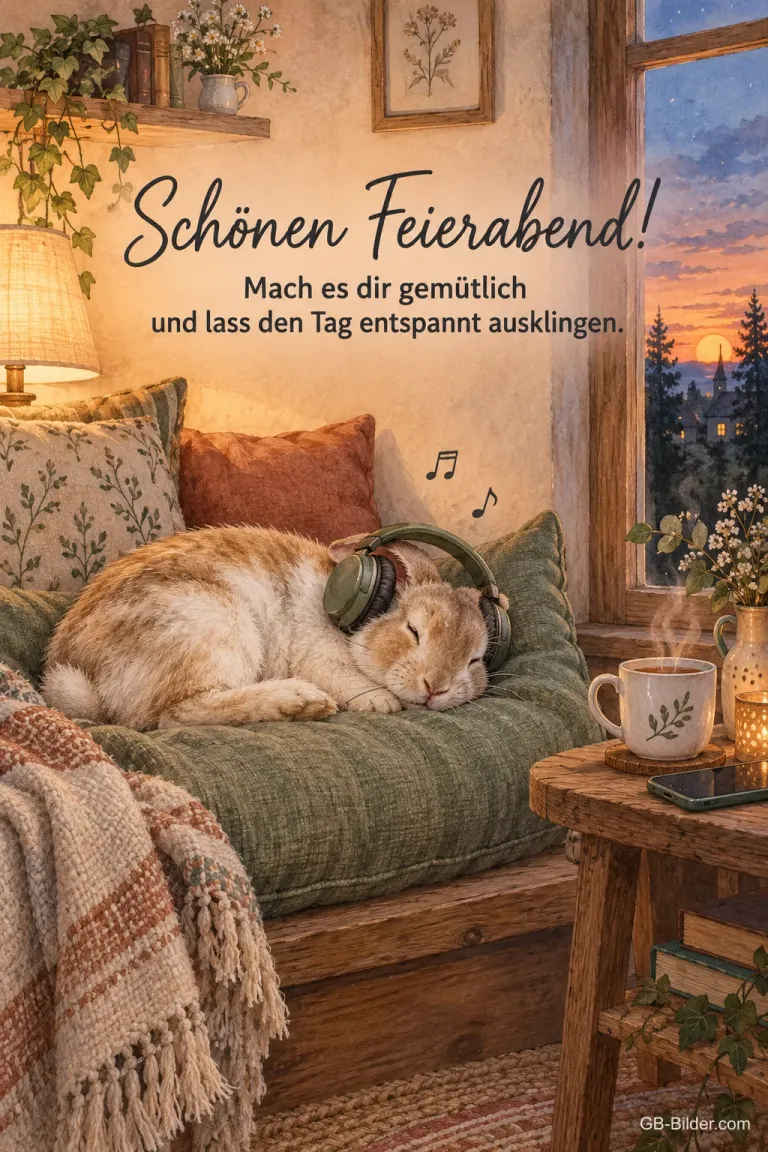 Kaninchen mit Kopfhörern auf dem Sofa, Text: Schönen Feierabend! Mach es dir gemütlich.