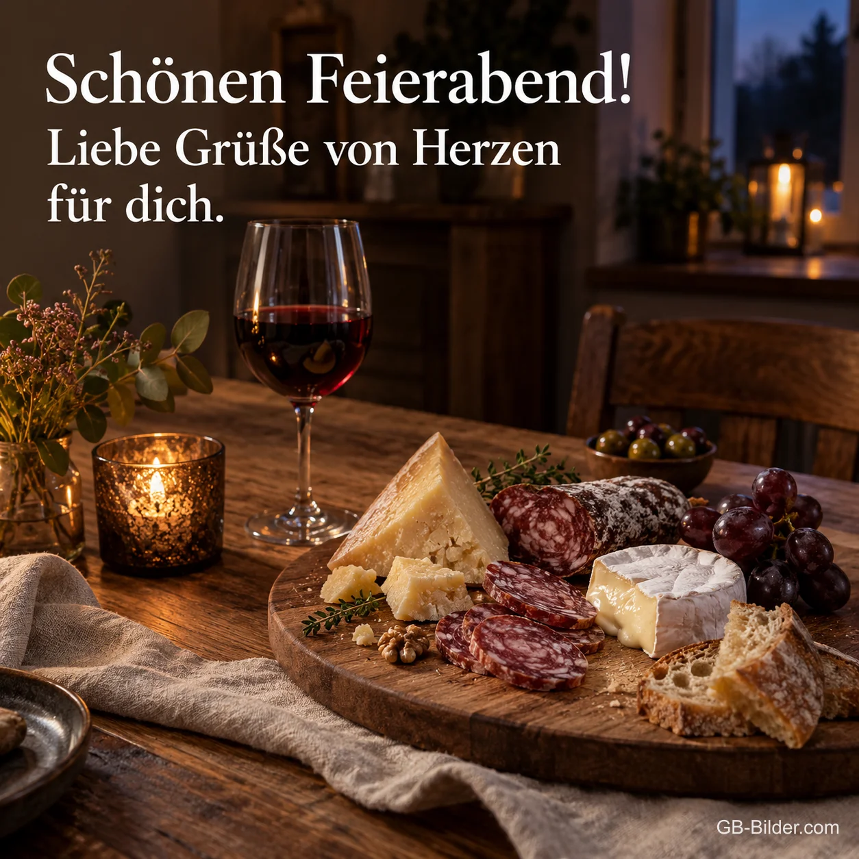 Rotwein mit Käse- und Wurstplatte, Text: Schönen Feierabend! Liebe Grüße von Herzen für dich. Rotwein mit Käse- und Wurstplatte, Text: Schönen Feierabend! Liebe Grüße von Herzen für dich.