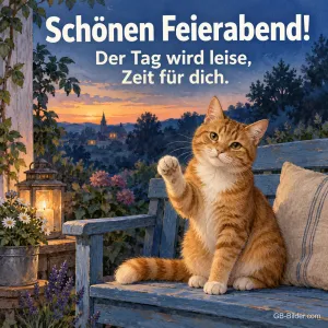 Winkende rote Katze auf einer Terrasse, Text: Schönen Feierabend! Der Tag wird leise, Zeit für dich.