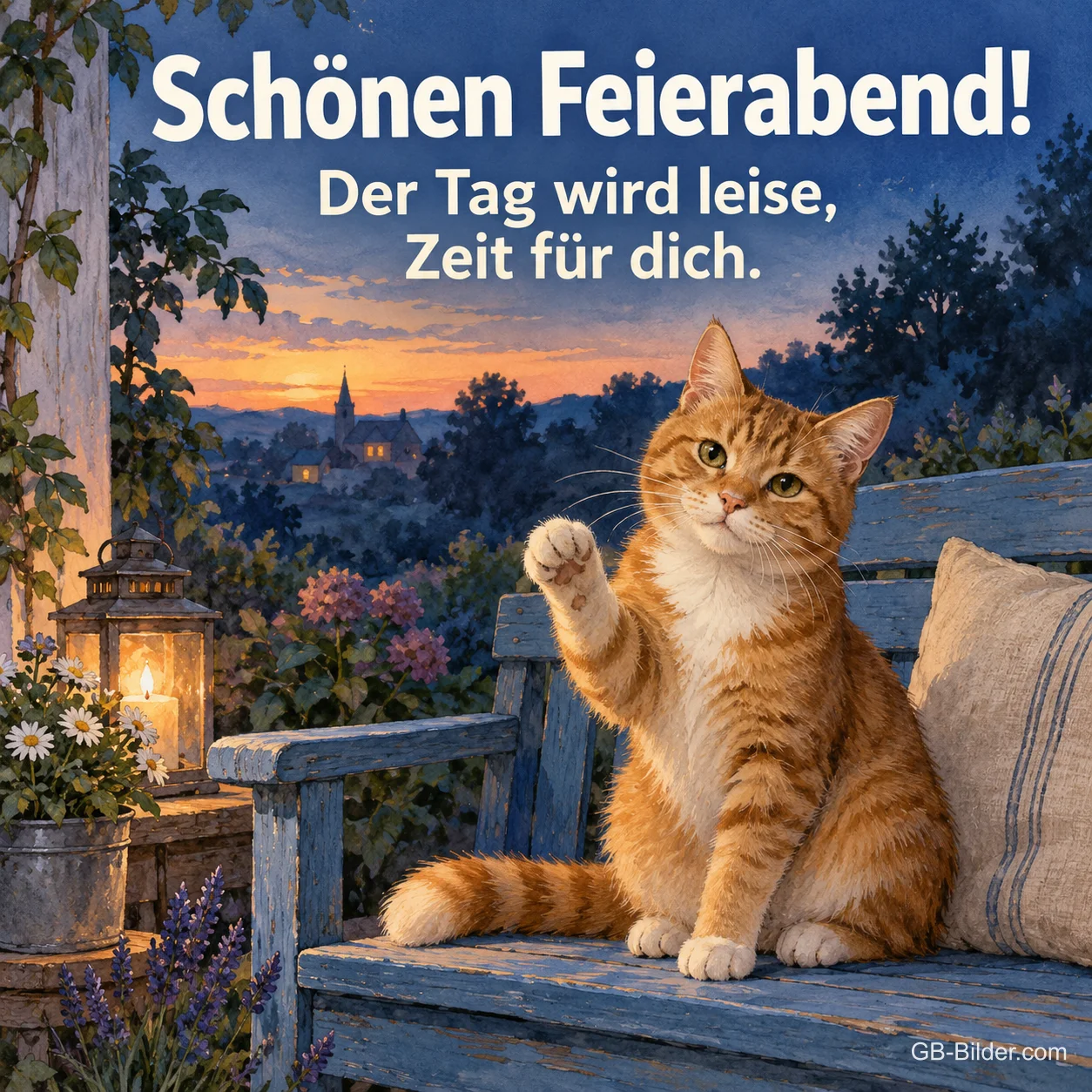 Winkende rote Katze auf einer Terrasse, Text: Schönen Feierabend! Der Tag wird leise, Zeit für dich. Winkende rote Katze auf einer Terrasse, Text: Schönen Feierabend! Der Tag wird leise, Zeit für dich.