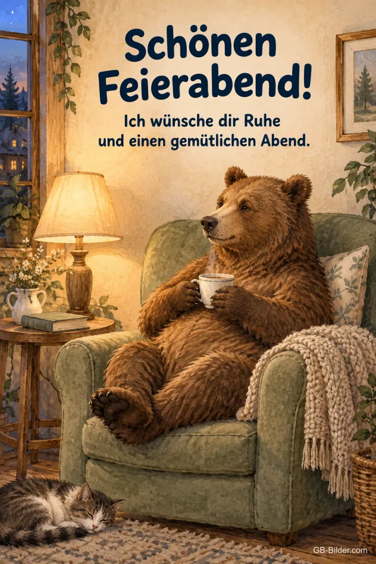 Bär mit Tasse im Sessel, Text: Schönen Feierabend! Ich wünsche dir Ruhe und einen gemütlichen Abend.