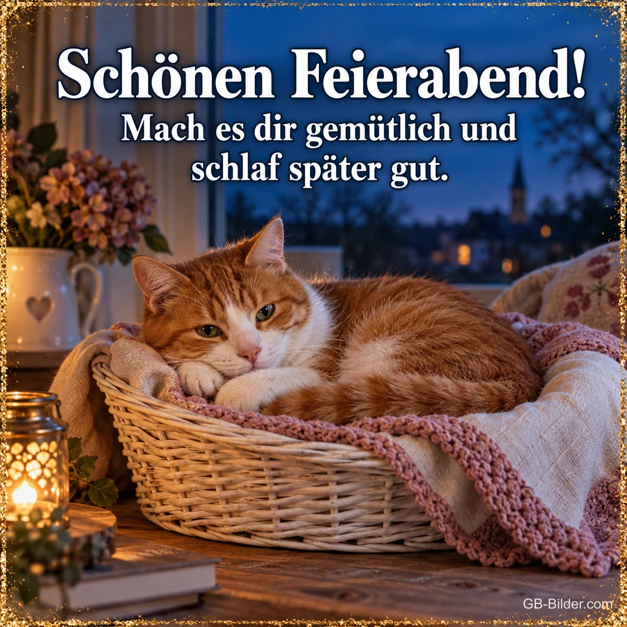 Rote Katze im Weidenkorb, Text: Schönen Feierabend! Mach es dir gemütlich und schlaf später gut. Rote Katze im Weidenkorb, Text: Schönen Feierabend! Mach es dir gemütlich und schlaf später gut.