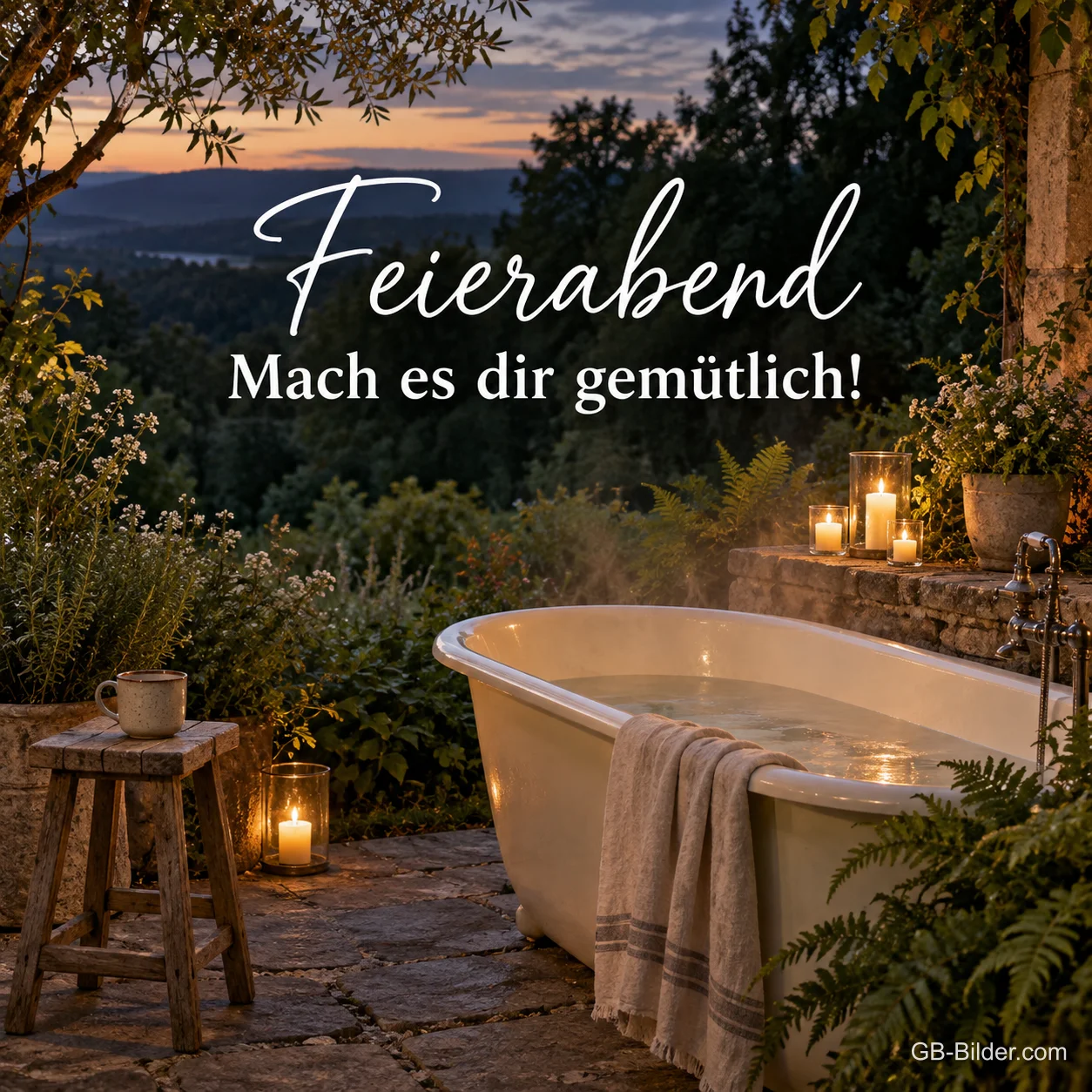 Badewanne im Garten mit Kerzen, Text: Feierabend – Mach es dir gemütlich! Badewanne im Garten mit Kerzen, Text: Feierabend – Mach es dir gemütlich!