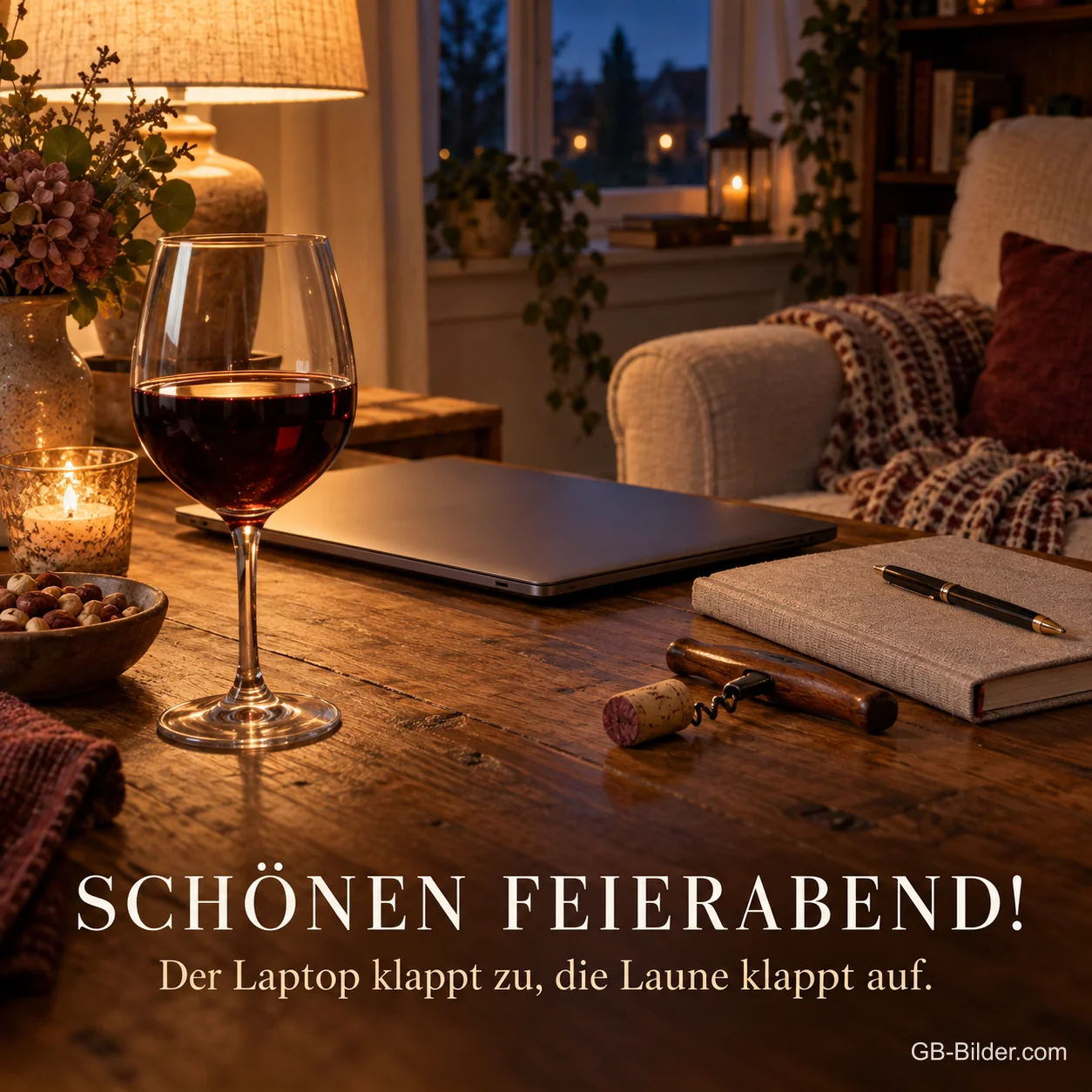 Rotweinglas neben zugeklapptem Laptop, Text: Schönen Feierabend! Der Laptop klappt zu, die Laune klappt auf. Rotweinglas neben zugeklapptem Laptop, Text: Schönen Feierabend! Der Laptop klappt zu, die Laune klappt auf.