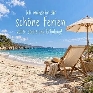Liegestuhl unter Sonnenschirm am Strand, Text: Ich wünsche dir schöne Ferien voller Sonne und Erholung!
