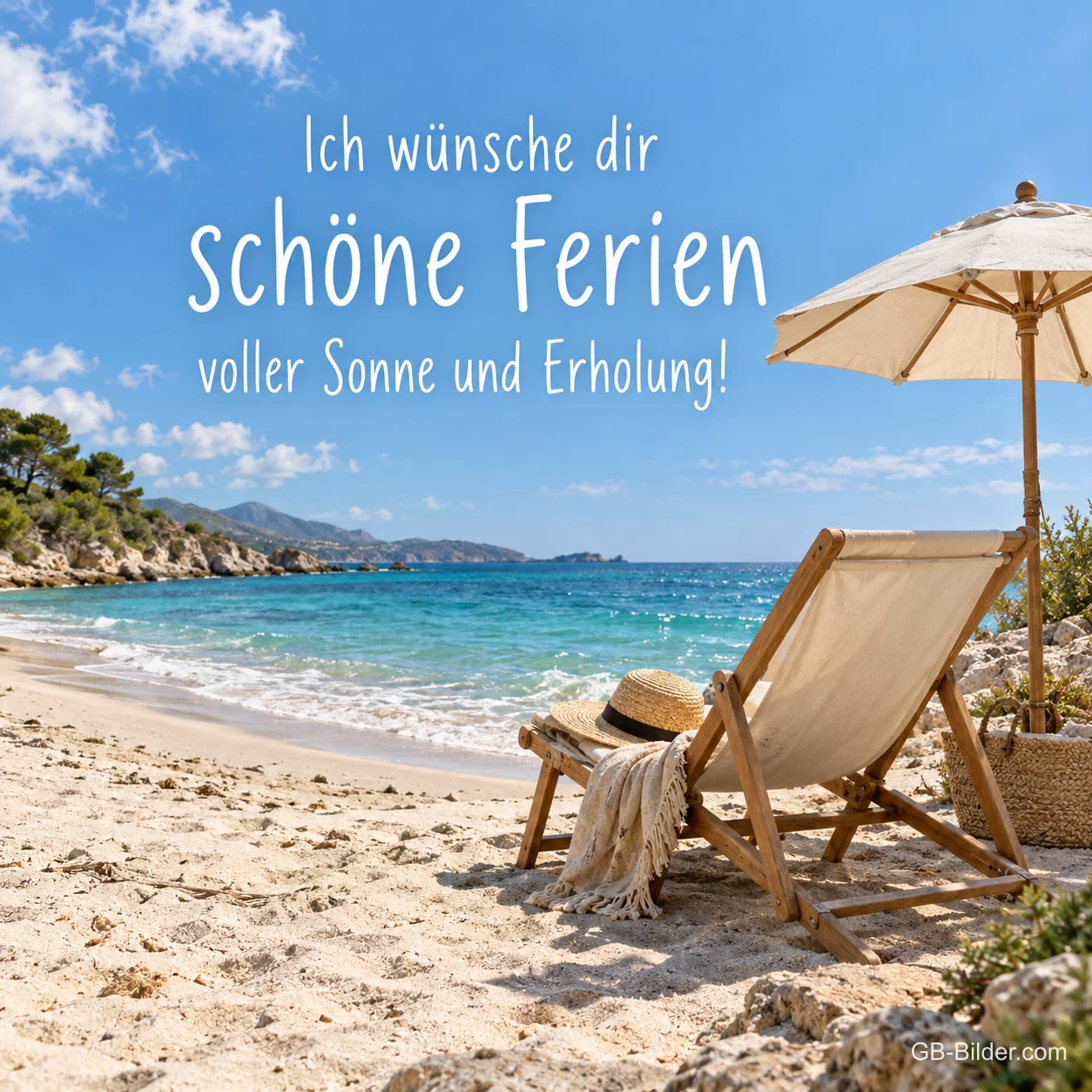 Liegestuhl unter Sonnenschirm am Strand, Text: Ich wünsche dir schöne Ferien voller Sonne und Erholung! Liegestuhl unter Sonnenschirm am Strand, Text: Ich wünsche dir schöne Ferien voller Sonne und Erholung!