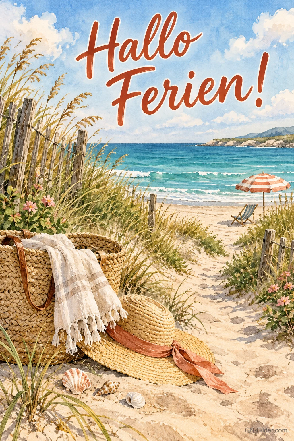 Strandkorb in den Dünen, Text: Hallo Ferien! Strandkorb in den Dünen, Text: Hallo Ferien!