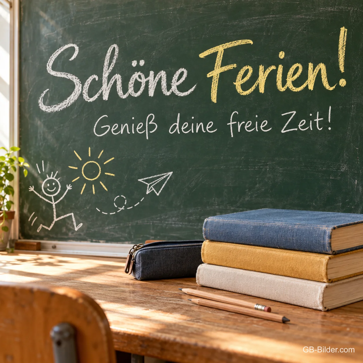 Bücher vor einer Kreidetafel, Text: Schöne Ferien! Genieß deine freie Zeit! Bücher vor einer Kreidetafel, Text: Schöne Ferien! Genieß deine freie Zeit!