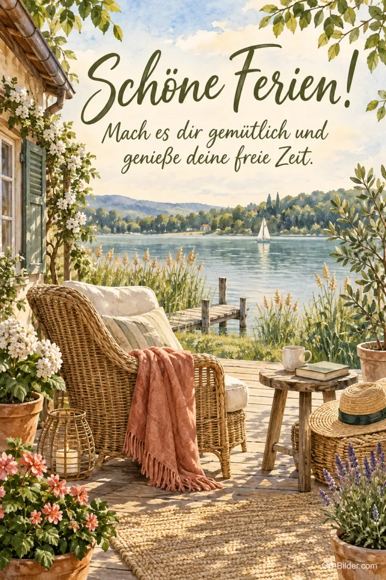 Korbsessel auf einer Terrasse am See, Text: Schöne Ferien! Genieße deine freie Zeit.