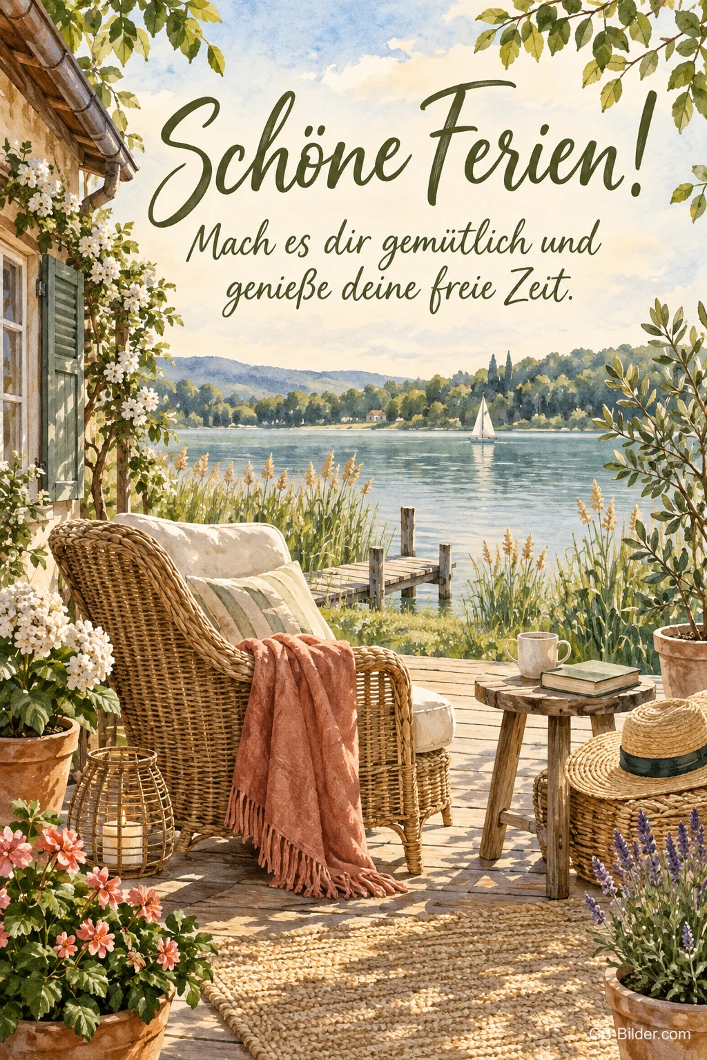 Korbsessel auf einer Terrasse am See, Text: Schöne Ferien! Genieße deine freie Zeit. Korbsessel auf einer Terrasse am See, Text: Schöne Ferien! Genieße deine freie Zeit.