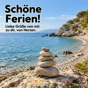 Steinturm an einer Meeresbucht, Text: Schöne Ferien! Liebe Grüße von Herzen.