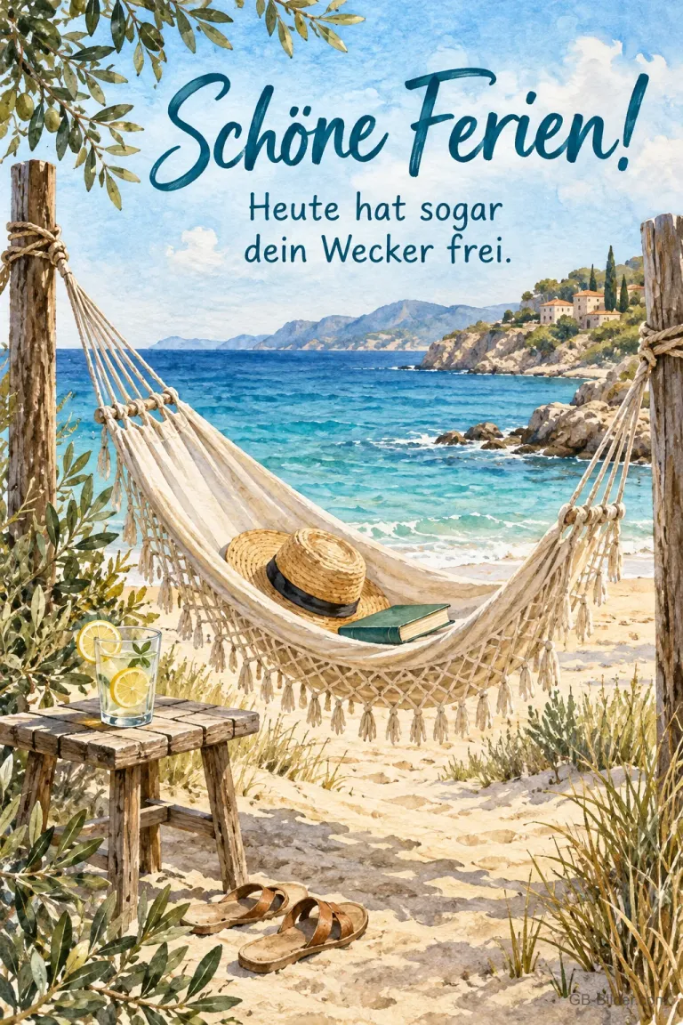 Hängematte am Strand, Text: Schöne Ferien! Heute hat sogar dein Wecker frei.