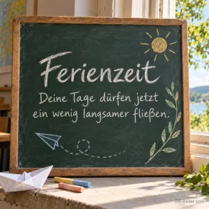 Kreidetafel mit Sonne am Fenster, Text: Ferienzeit – Deine Tage dürfen jetzt ein wenig langsamer fließen.