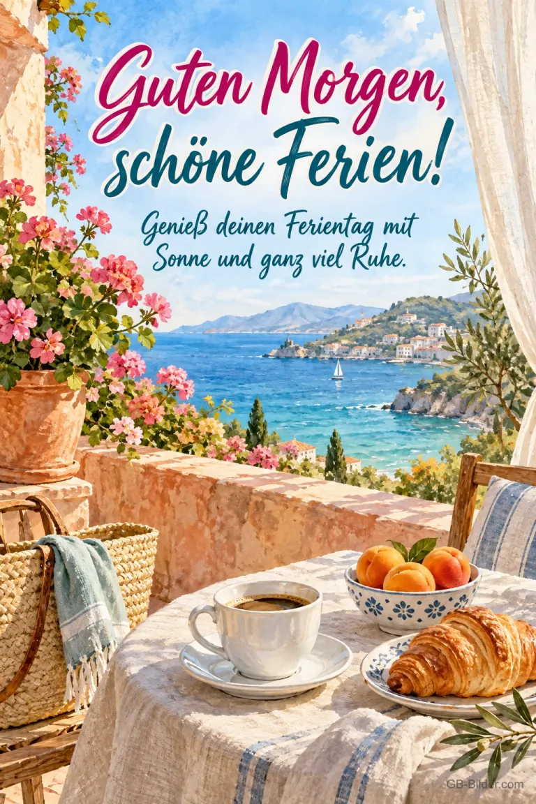Frühstückstisch auf einer Terrasse über dem Meer, Text: Guten Morgen, schöne Ferien!