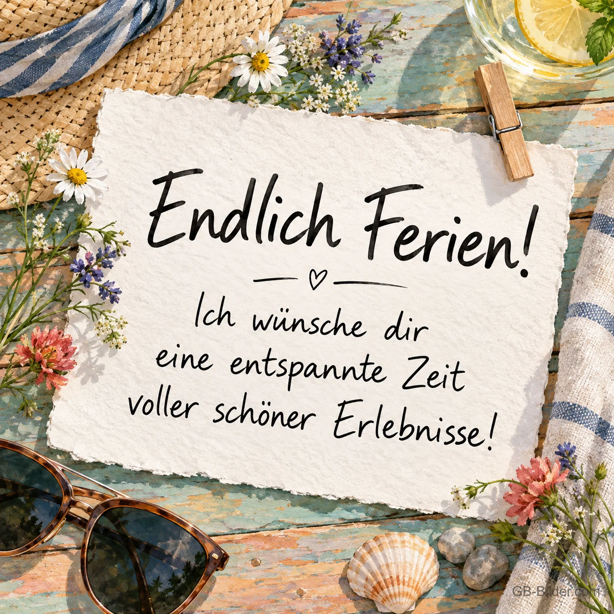 Zettel mit Sonnenbrille und Muschel, Text: Endlich Ferien! Eine entspannte Zeit voller schöner Erlebnisse! Zettel mit Sonnenbrille und Muschel, Text: Endlich Ferien! Eine entspannte Zeit voller schöner Erlebnisse!